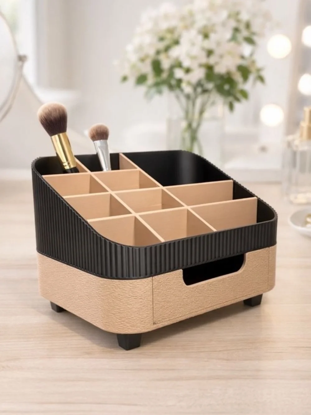 Makeup Organizer with Drawer | Vanity Storage Tray for Cosmetics & Brushes